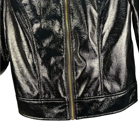 NWOT Who What Where Black Vynil Jacket With Detachable Blue faux Fur Collar. SM - Picture 3 of 7